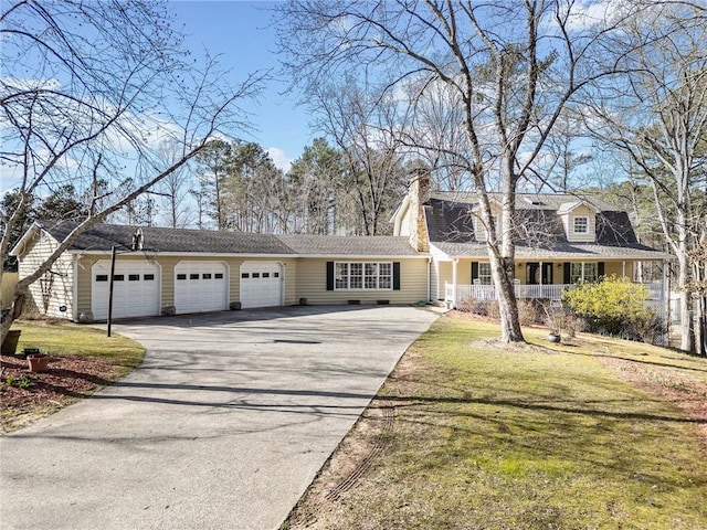 cape cod-style house featuring driveway, a porch, an attached garage, a chimney, and a front lawn