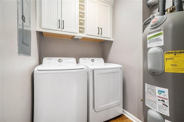708 Mcgill Pl NE, Atlanta, GA 30312 - washroom with cabinet space, electric water heater, washer and clothes dryer, and wood finished floors
