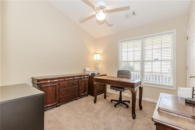 office with lofted ceiling, light carpet, and ceiling fan