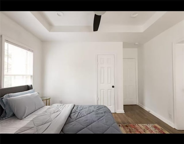 bedroom featuring dark wood-type flooring, ceiling fan, and a raised ceiling