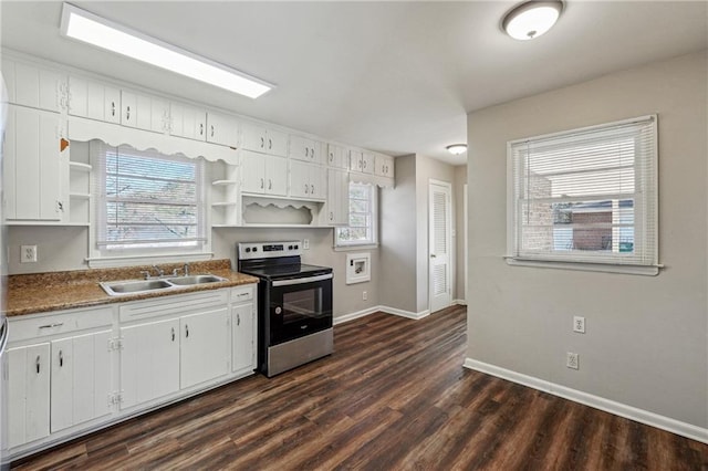 kitchen with stainless steel electric range, white cabinetry, open shelves, dark wood-type flooring, and a sink