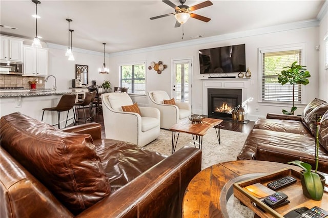 living room featuring sink, ceiling fan, hardwood / wood-style flooring, and crown molding