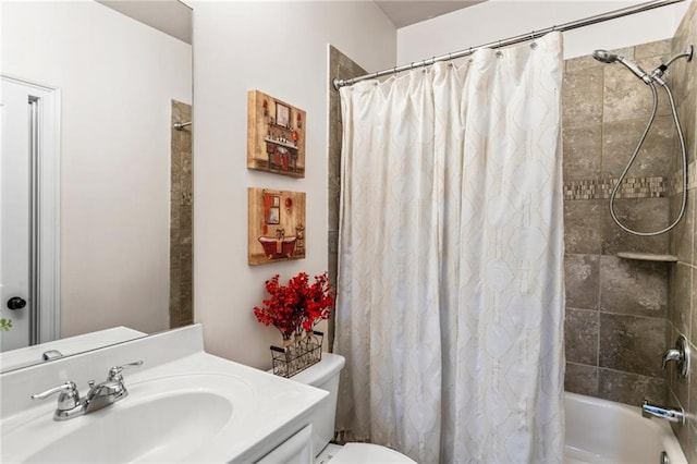 full bathroom with vanity, toilet, and shower / bathtub combination with curtain