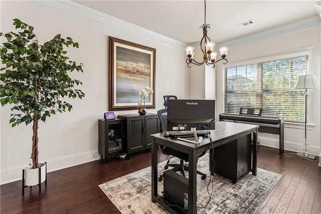 home office with ornamental molding, a chandelier, and dark hardwood / wood-style floors