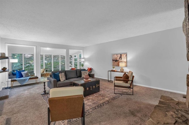 carpeted living room with baseboards, a textured ceiling, and a healthy amount of sunlight