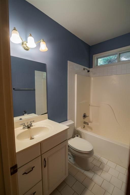 full bathroom with toilet, shower / tub combination, vanity, and tile patterned flooring