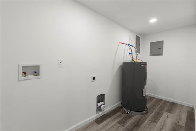 clothes washing area with hookup for an electric dryer, washer hookup, dark hardwood / wood-style flooring, electric water heater, and electric panel