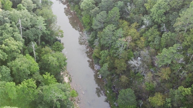 birds eye view of property featuring a wooded view