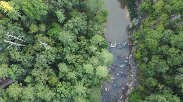 drone / aerial view featuring a forest view