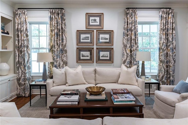 living room with hardwood / wood-style flooring, plenty of natural light, and ornamental molding