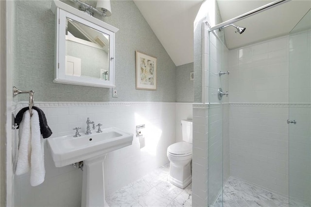 bathroom featuring toilet, vaulted ceiling, and walk in shower