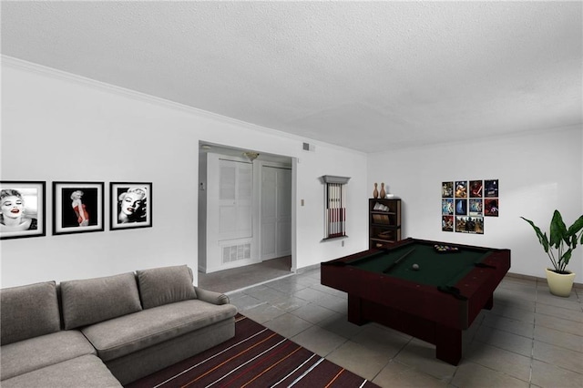 playroom featuring billiards, visible vents, baseboards, tile patterned floors, and a textured ceiling