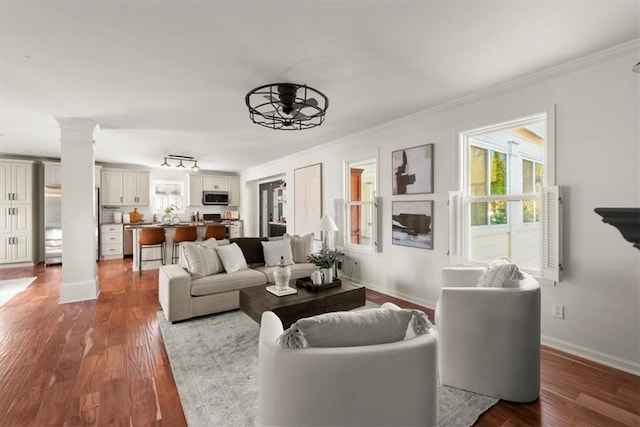 living room with ceiling fan, crown molding, and wood-type flooring