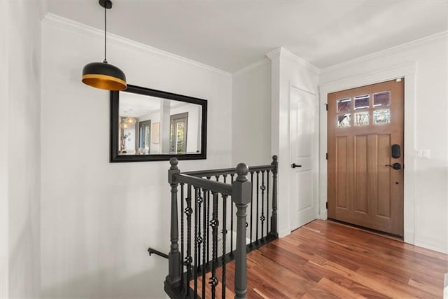 foyer entrance with wood-type flooring and crown molding