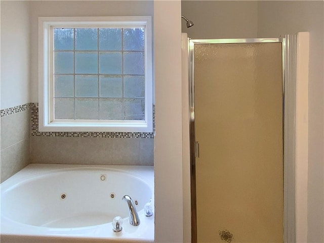 bathroom with separate shower and tub and a wealth of natural light