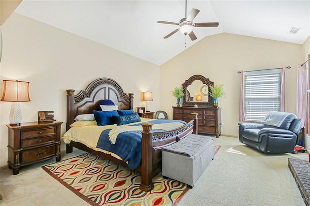 bedroom featuring carpet flooring, ceiling fan, visible vents, and vaulted ceiling