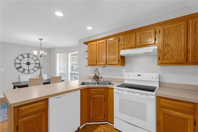 kitchen featuring under cabinet range hood, a sink, white appliances, a peninsula, and light countertops