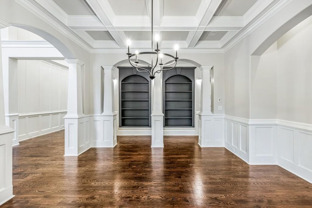 47 Fern Leaf Way, Newnan, GA 30265 - unfurnished dining area with ornate columns, built in features, arched walkways, coffered ceiling, and beamed ceiling