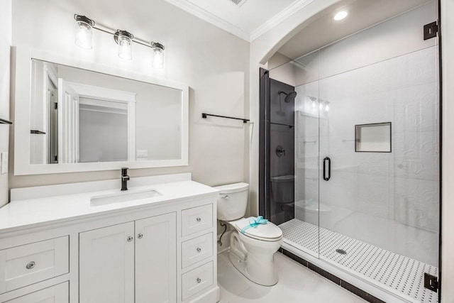 47 Fern Leaf Way, Newnan, GA 30265 - bathroom featuring toilet, crown molding, a stall shower, vanity, and recessed lighting