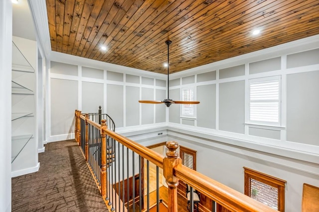 47 Fern Leaf Way, Newnan, GA 30265 - corridor featuring an upstairs landing, wooden ceiling, dark carpet, recessed lighting, and healthy amount of natural light