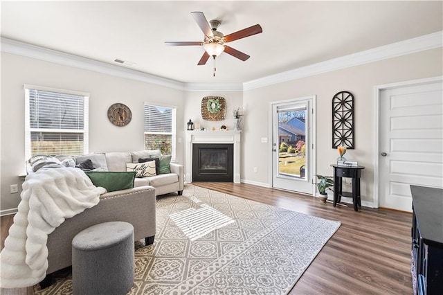 living room with hardwood / wood-style floors, ceiling fan, and crown molding