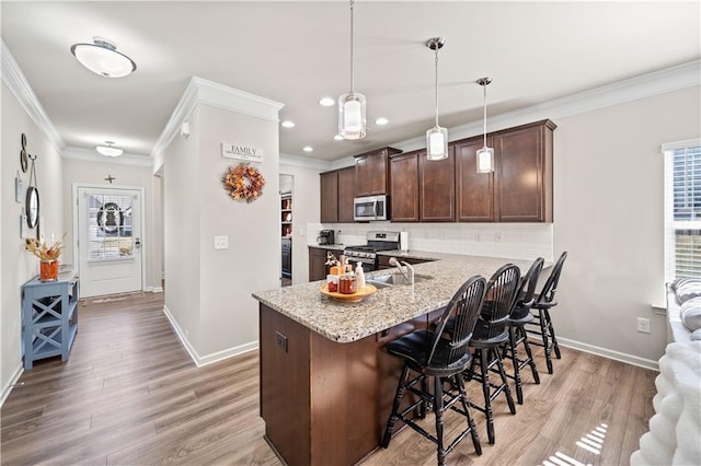 kitchen featuring kitchen peninsula, pendant lighting, light wood-type flooring, and appliances with stainless steel finishes