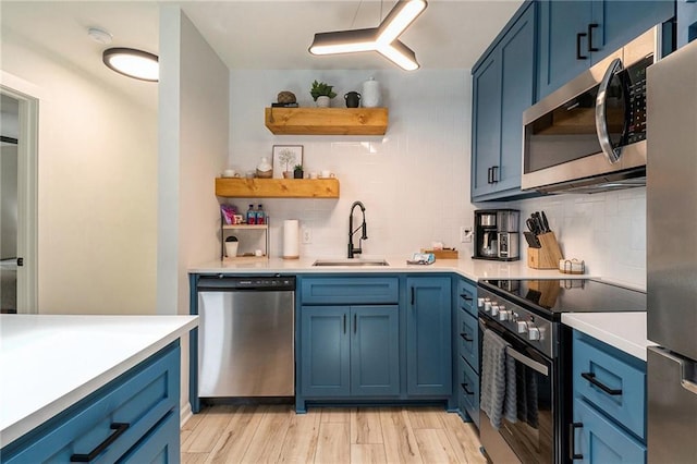 834 Lower Bell Creek Rd, Hiawassee, GA 30546 - kitchen with stainless steel appliances, open shelves, blue cabinets, backsplash, and light countertops