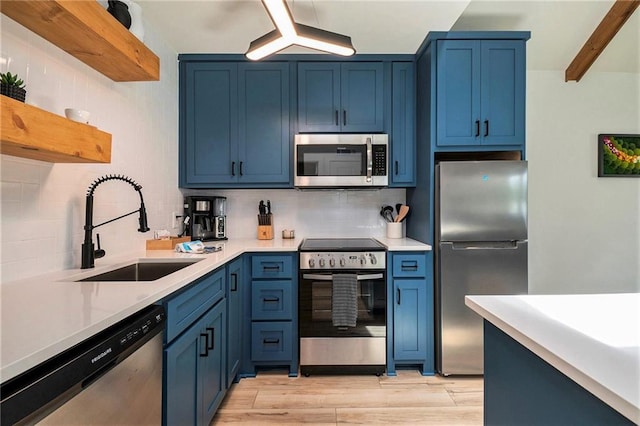 834 Lower Bell Creek Rd, Hiawassee, GA 30546 - kitchen featuring appliances with stainless steel finishes, blue cabinets, backsplash, and light countertops