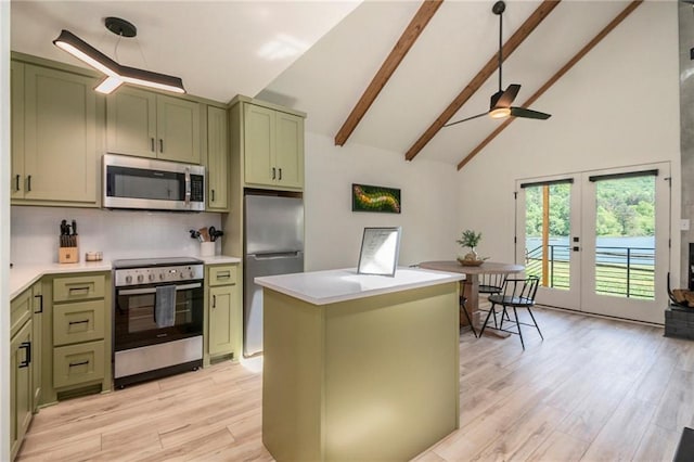 834 Lower Bell Creek Rd, Hiawassee, GA 30546 - kitchen featuring green cabinetry, stainless steel appliances, french doors, a ceiling fan, and beam ceiling