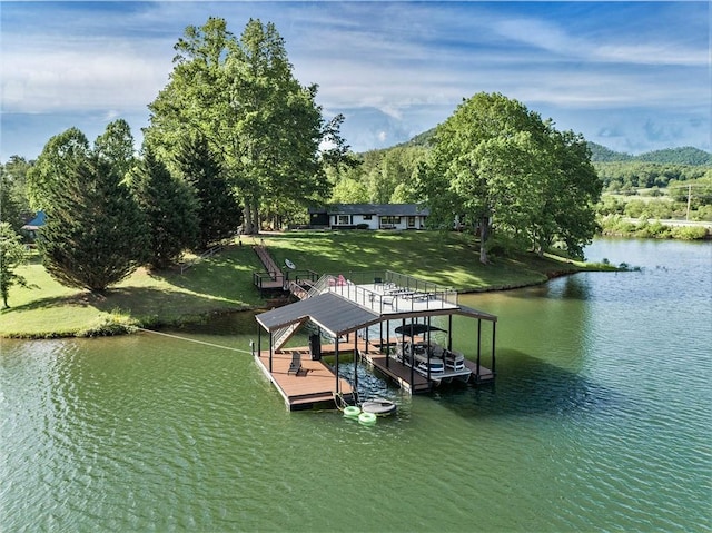 834 Lower Bell Creek Rd, Hiawassee, GA 30546 - dock area with a water and mountain view, boat lift, and a lawn