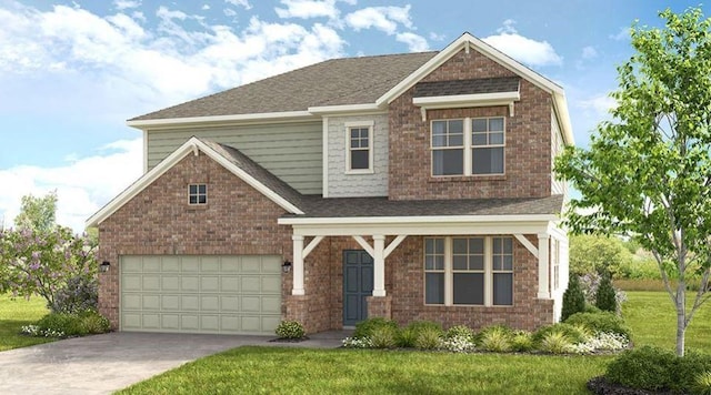 craftsman-style house featuring a garage and a front lawn