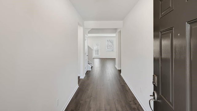 hallway with dark hardwood / wood-style flooring