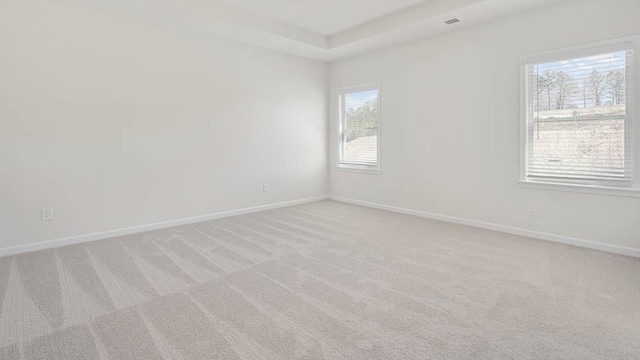 carpeted empty room featuring a tray ceiling