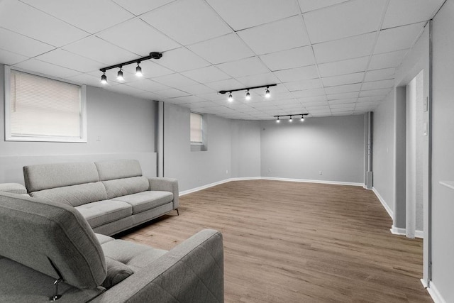 living room featuring light hardwood / wood-style flooring and rail lighting