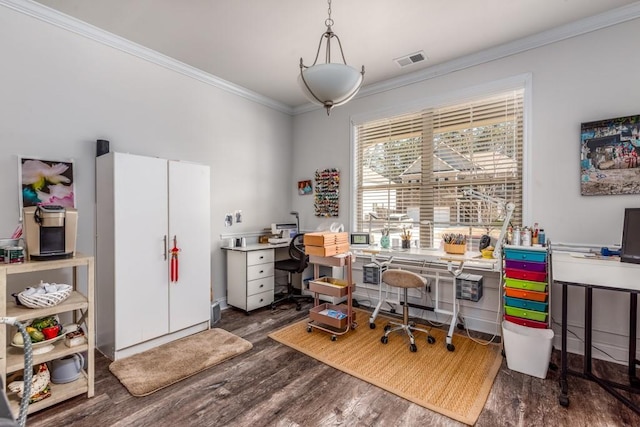 office area with visible vents, crown molding, and wood finished floors