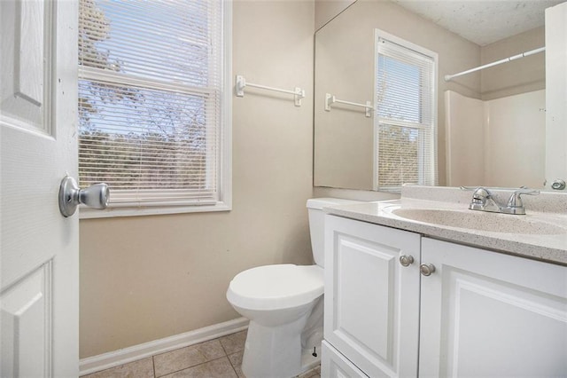 bathroom featuring vanity, walk in shower, tile patterned floors, and toilet