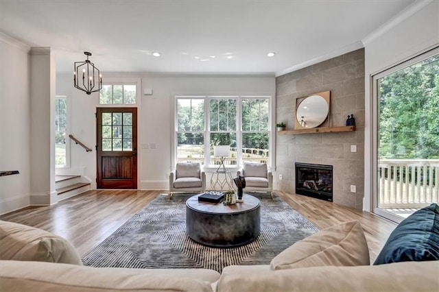 living room with light hardwood / wood-style flooring, a notable chandelier, ornamental molding, and a tiled fireplace