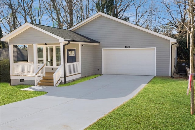 single story home with a porch, a garage, central AC unit, and a front lawn