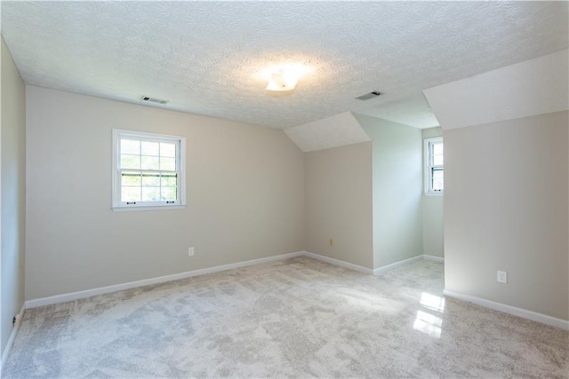 additional living space featuring light carpet, lofted ceiling, and a textured ceiling