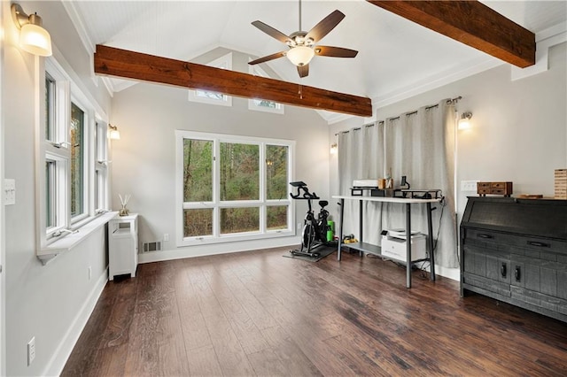 workout area with visible vents, baseboards, a ceiling fan, wood finished floors, and vaulted ceiling