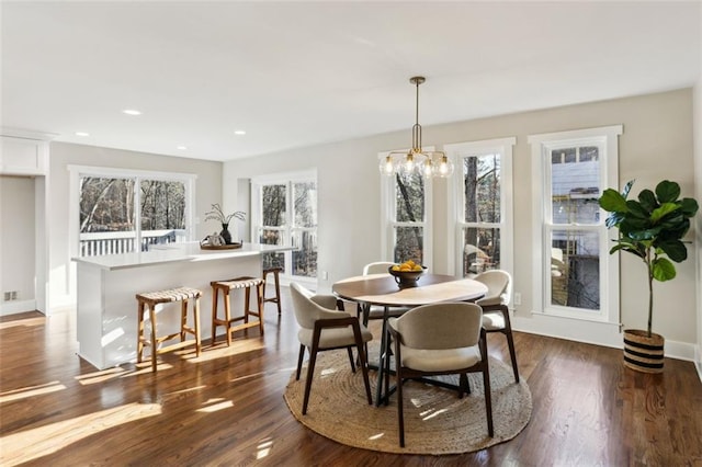 645 Trailmore Pl, Roswell, GA 30076 - dining room featuring baseboards, a chandelier, recessed lighting, and dark wood finished floors