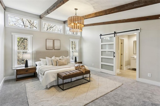 645 Trailmore Pl, Roswell, GA 30076 - bedroom with a chandelier, a barn door, baseboards, beamed ceiling, and carpet