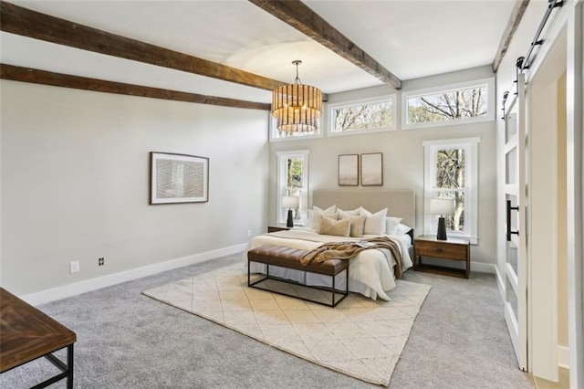 645 Trailmore Pl, Roswell, GA 30076 - carpeted bedroom featuring baseboards, a barn door, beam ceiling, and a chandelier