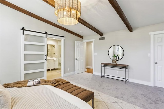645 Trailmore Pl, Roswell, GA 30076 - bedroom with visible vents, a chandelier, beam ceiling, a barn door, and light colored carpet