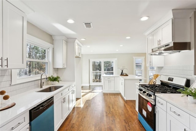 645 Trailmore Pl, Roswell, GA 30076 - kitchen featuring stainless steel gas stove, a sink, dishwasher, under cabinet range hood, and visible vents