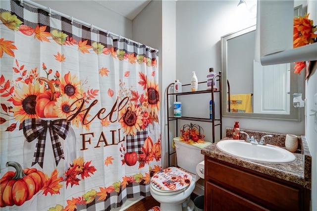 504 Cole Creek Dr, Dallas, GA 30157 - bathroom featuring toilet, vanity, a shower with shower curtain, and wood finished floors