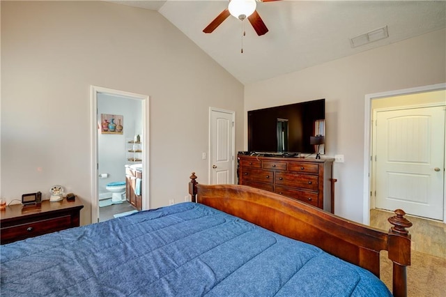 504 Cole Creek Dr, Dallas, GA 30157 - bedroom featuring high vaulted ceiling, a ceiling fan, and connected bathroom