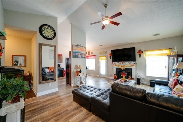 504 Cole Creek Dr, Dallas, GA 30157 - living room with a ceiling fan, vaulted ceiling, wood finished floors, baseboards, and a fireplace