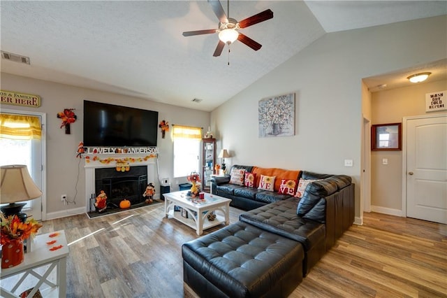 504 Cole Creek Dr, Dallas, GA 30157 - living room featuring a ceiling fan, plenty of natural light, wood finished floors, and vaulted ceiling