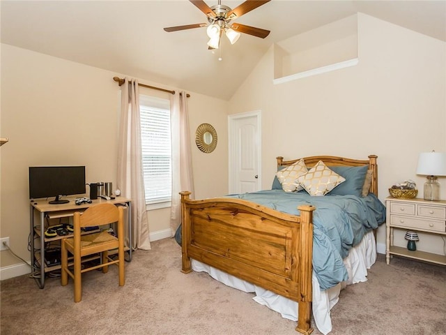 bedroom featuring ceiling fan, light carpet, and vaulted ceiling